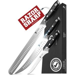 imageKITCHEN PERFECTION 3Piece BBQ Slicing ampamp Carving Meat Knife Set 12 Brisket Knife 10 Butcher Knife 6 Boning Knife with Sheaths Razor Sharp German SteelFull Tang Ergonomic Handles Gifts for Men