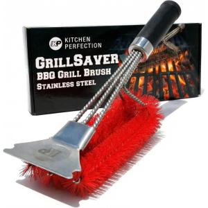 imageKITCHEN PERFECTION Brass GrillSaver  Safe BBQ Grill Brush with Replaceable Cleaning Head HeavyDuty Grill Cleaner wScraper for Porcelain ampamp Ceramic Grates Includes Magnetic Hanger ampamp Bottle Opener6 Replaceable Head Nylon