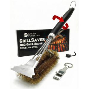 imageKITCHEN PERFECTION Brass GrillSaver  Safe BBQ Grill Brush with Replaceable Cleaning Head HeavyDuty Grill Cleaner wScraper for Porcelain ampamp Ceramic Grates Includes Magnetic Hanger ampamp Bottle Opener2 Grillsaver  Brass