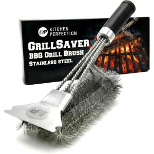 imageKITCHEN PERFECTION Brass GrillSaver  Safe BBQ Grill Brush with Replaceable Cleaning Head HeavyDuty Grill Cleaner wScraper for Porcelain ampamp Ceramic Grates Includes Magnetic Hanger ampamp Bottle Opener4 Replaceable Head  Stainless Steel