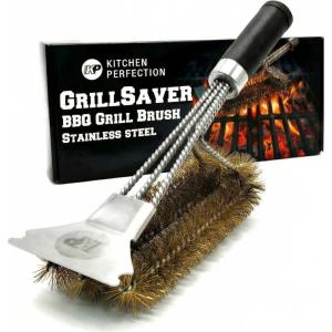imageKITCHEN PERFECTION Brass GrillSaver  Safe BBQ Grill Brush with Replaceable Cleaning Head HeavyDuty Grill Cleaner wScraper for Porcelain ampamp Ceramic Grates Includes Magnetic Hanger ampamp Bottle Opener5 Replaceable Head  Brass