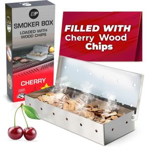 imageKITCHEN PERFECTION Smoker Box For Gas Grill  Bbq Wood Chip Smoker Box PreFilled with Cherry Wood Chips Adds Delicious Smokey Flavor on Propane amp Pellet Grill